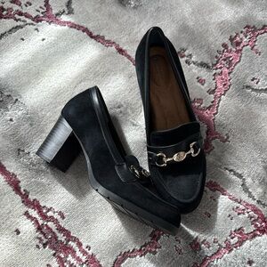 Black and Gold Leather Loafers with Horsebit Detail
